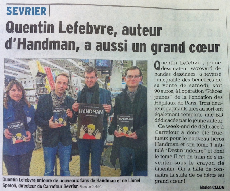 article de journal-le dauphiné libéré d'annecy du 4février2015 parle de la dédicace de handman au carrefour market de sevrier