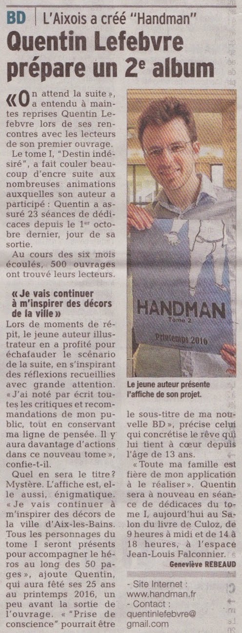 article de journal-le dauphiné libéré du 19avril2015 parle de handman2 à paraître